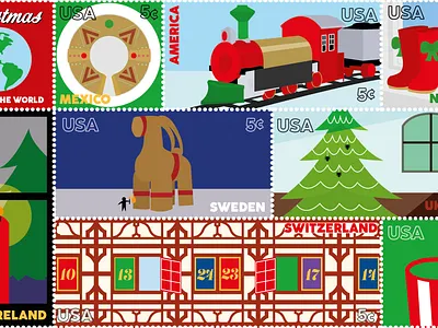 "Christmas Around the World" Stamps design graphic design illustration stamp design typo typography