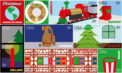 "Christmas Around the World" Stamps design graphic design illustration stamp design typo typography