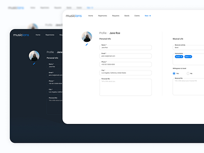 Profile Edition adress blue button color dark dark theme design edit form input light light theme long form material ui music profile register ui update website