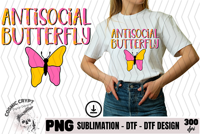 Antisocial Butterfly - PNG Digital Design antisocial butterfly colorful cute design dtf dtg fun funny introvert pink popular shirt sublimation trend tumbler yellow