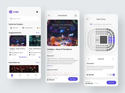 Vibe - Ticket Booking Mobile App app clean clean design concert concert ticket mobile music music festival ticket ticket app ticket booking ui ui design uiux ux