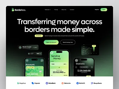 Borderless - Transfer Money Solutions Landing Page 3d app bank online banking banking app branding dark style design finance app graphic design illustration landing page logo transfer money transfer money app ui ui visual design ux design vector website