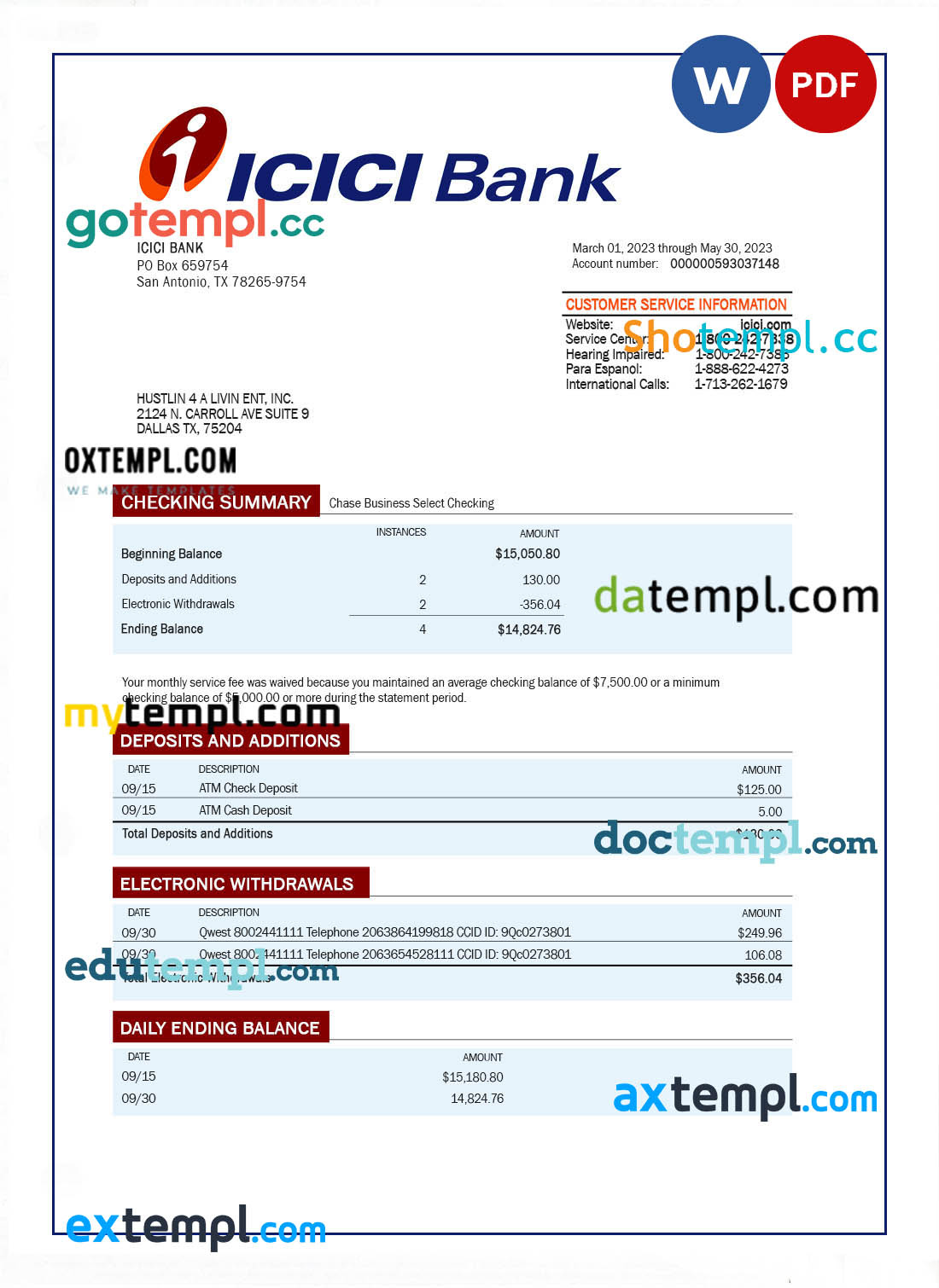 ICICI Bank firm account statement Word and PDF template by doctempl on ...