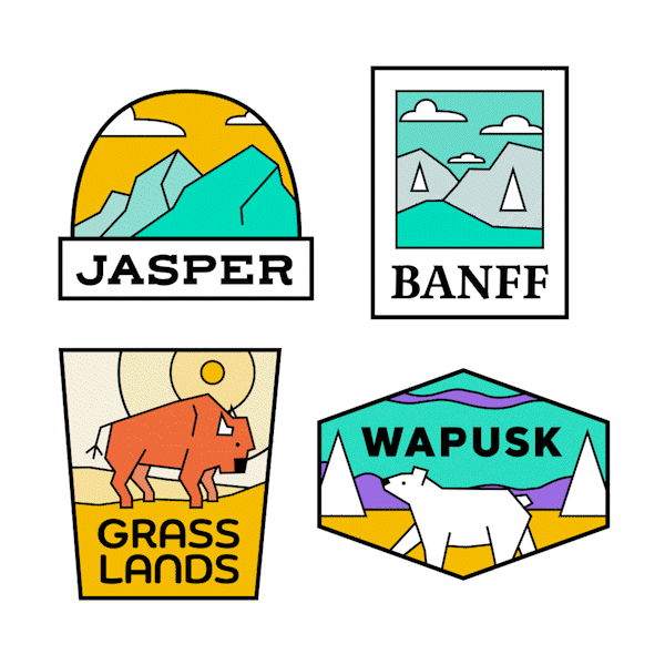 Animated Park Patch Stickers 2danimation aftereffects animation banff design grasslands illustration jasper looping motion graphics national parks northern lights parks canada stickers wapusk
