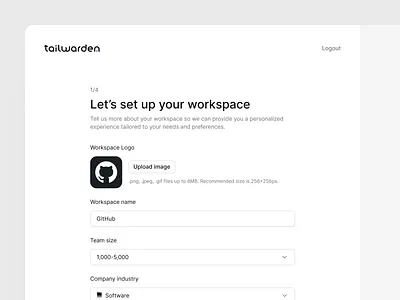 Tailwarden - Onboarding steps account create account minimalist multi step multistep onboard onboarding product design saas saas onboarding setup sign up signup split screen step stepper steps tailwarden ui workspace