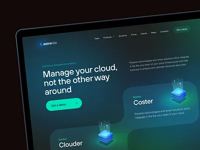 Website for a technology company b2b dark mode design glass glassmorphism glow gradient green homepage landing page logotype main page layout nimax services solutions technology ui webdesign