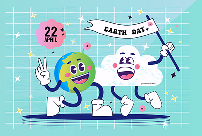 Happy Earth Day. Groovy smile Earth and Cloud Characters character charcter design cloud design earth illustration vector vintage