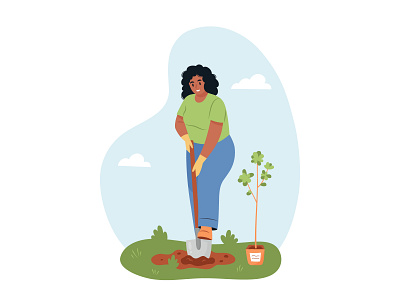 Gardening woman black design dig flat garden illustration shovel sky tree vector woman