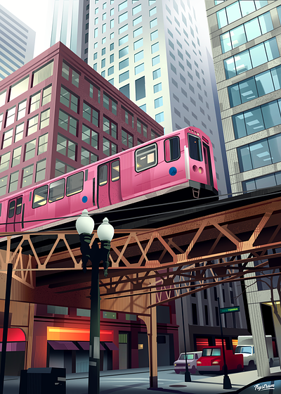 Metro on the loop ambiance architecture chicago city design draw illustration life loop metro neon pink poster sketch study travel