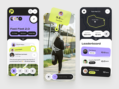 FitLife Fitness App Concept black background blocks calendar community daily challenge events fitlife fitness leaderboard logo mobile photo post purple green running social social media sport training