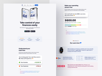 Dompet 💵 - Money Manager Landing Page app banking clean component e wallet feature finance hero illustration landing page manager minimal payment productivity saas tracker ui ux web design website
