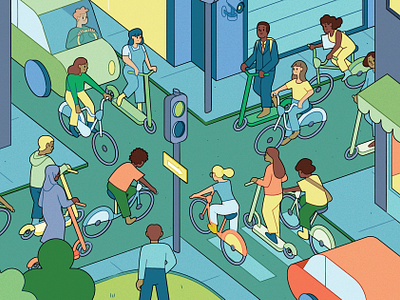 Micromobility bikes character city digital editorial folioart illustration kiki ljung people transport urban vector