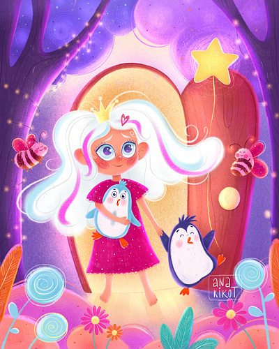 Amazing Adventure art cartoon character character design characterdesign children book children illustrator cute girl illustration kid lit kids magic mascot painting penguin picture book poster purple texture