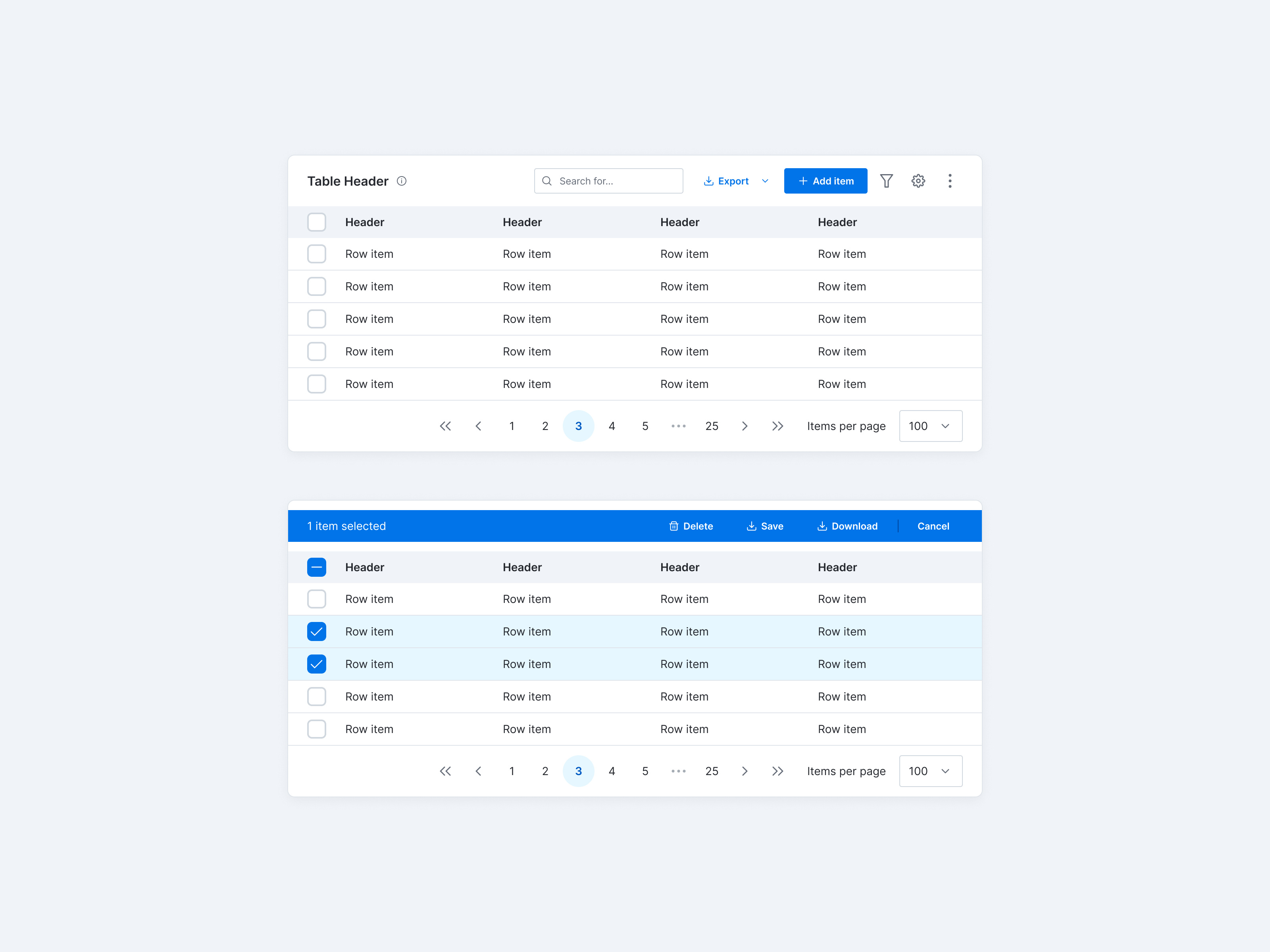 Table Component batch actions bulk actions bulk editing column data table design edit light theme pagination paginator row table table header ui