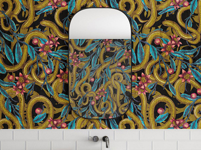 POMEGRANATE EDEN - patterns & motifs animals bathroom design drawing exotic florals flower gold graphic design home decor illustration luxury modern pattern pattern design seamless pattern snake tropical vintage wallpaper