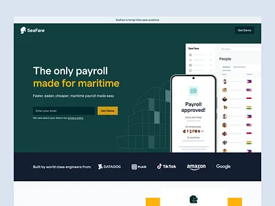 SeaFare hero b2b branding finance fintech hero landing page maritime payroll saas