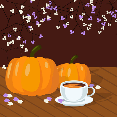 Autumn dinner with coffee and pumpkin autumn beautiful breakfast coffee dinner fall flat flower gold graphic design hot illustration leaf lunch orange restaurant table tea vector warm