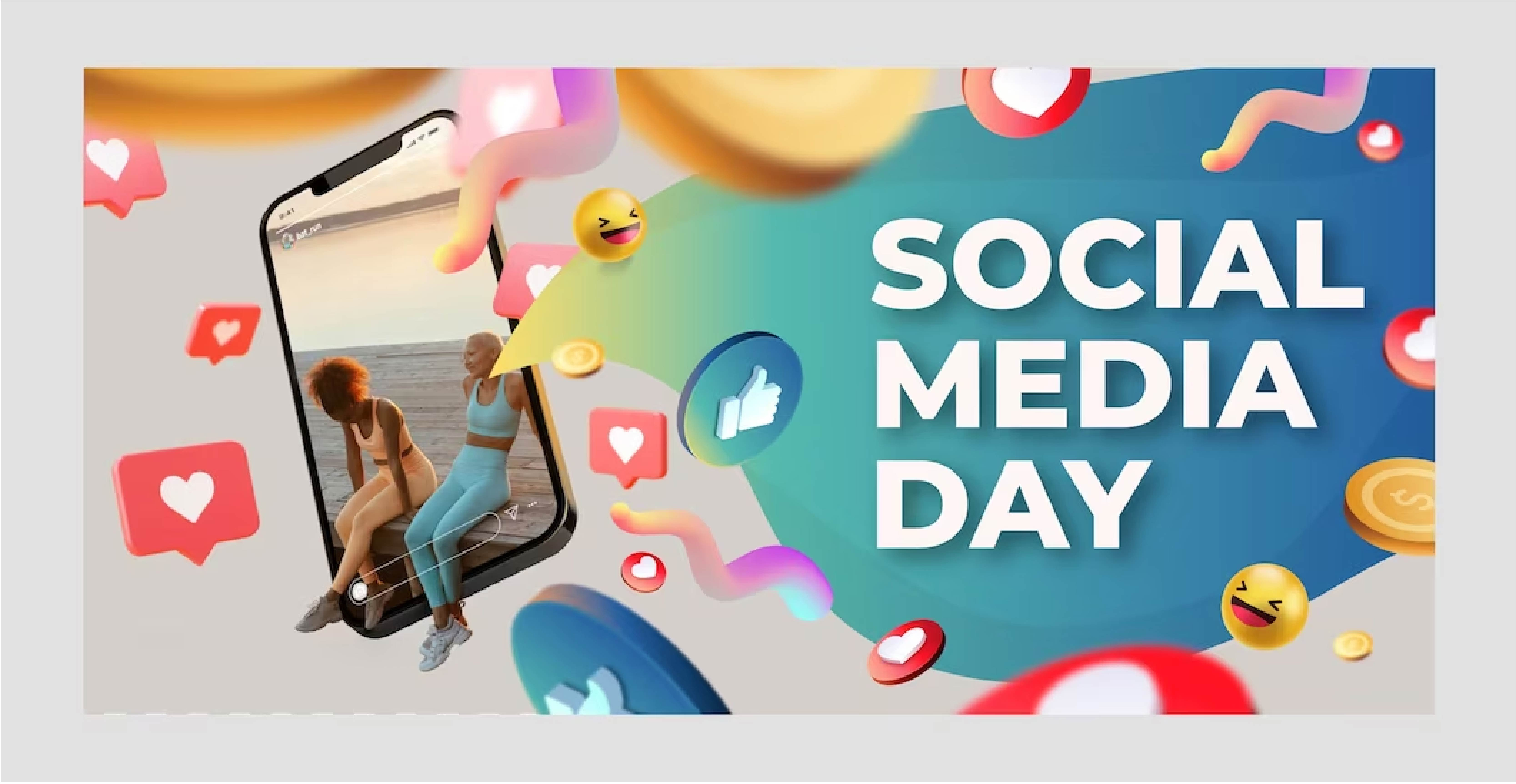 Celebrating Social Media Day 3d celebrate ecommerce illustration likes loves marketing mobile phone mockup project promotion realistic sharing social media social media day technology template twitter ui