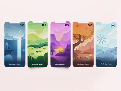 Mindfulness Coach Meditate Screens app application flat health illustration lake landscape meditation mental health mountain nature night relax relaxation tree ui ux vector veteran veteran health