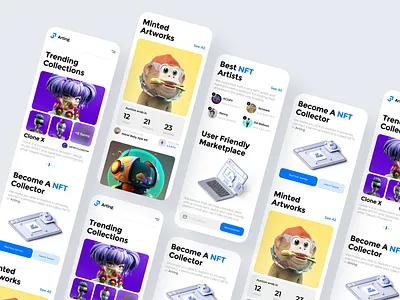 NFT Marketplace App🐵🎨 (Light Mode🌝) 3d app design application bid blockchain crypto design ethereum light marketplace minimal mobile nft nft app nft marketplace token ui ui design ux