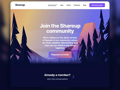 Shareup website affinity designer affinitydesigner community design hero homepage illustration landing page landingpage mountain trees ui ux vector vector art web design webdesign webpage