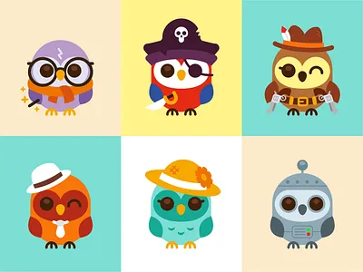 Parrots Characters animal bird branding cartoon character children collection cowboy cute doodle flat funny harry potter illustration kids logo mascot parrots pirate robot