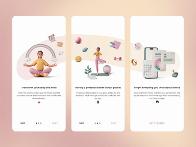 Onboarding Hint Screens challange daily daily ui dailyui fitness fitness app hint illustration lets start mobile app motivation next onboarding onboarding hint skip trainer ui 23 ui challange ui23