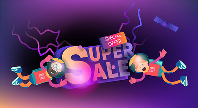 Two cartoon astronauts fly around the super sale inscription discount