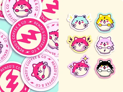 Renzos' Coffee & CO Sticker Pack adobe illustrator brand branding circle sticker design die cut digital graphic design illustration logo mockup sticker design stickers ui vector