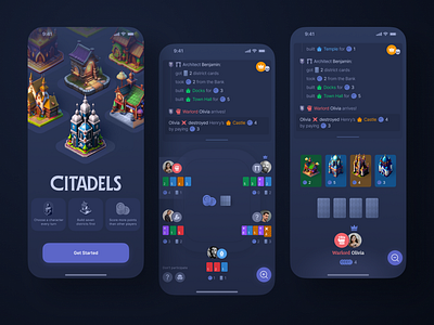 Digital Board Game - Citadels app board game card game citadels dark theme design gambling game mobile onboarding ui