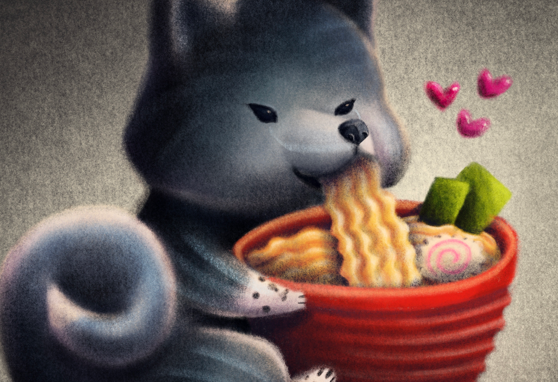 Japanese Akita Eating Ramen akita akitainu brindle charcoal cute cyan design dog dog illustration drawing food fuzzy hearts illustration japanese akita painting puppy ramen