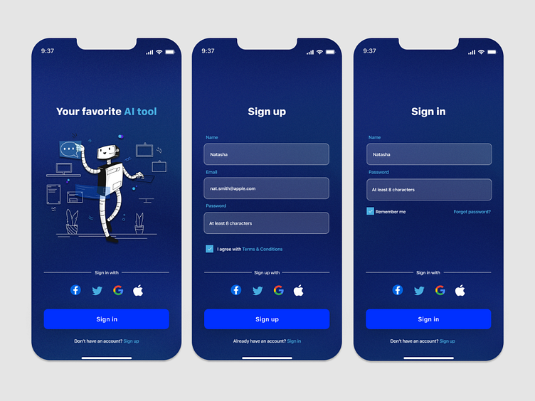 UI daily challenge @ Sign up + Sign in screens for a new AI app by rita ...