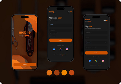 Login / Sign in / Sign up (Dark Theme) app black brown button color continue with dark design form google hair login mobile orange phone register sign in sign up theme ui