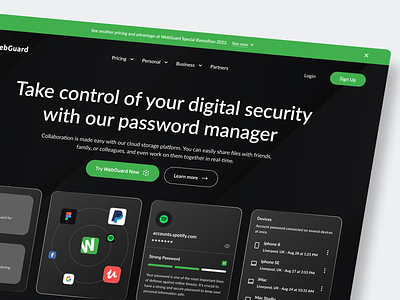 WebGuard - Password Manager Hero Section authentication encryption landing page last pass one password password password manager product design saas security security app ui vault web app website website concept