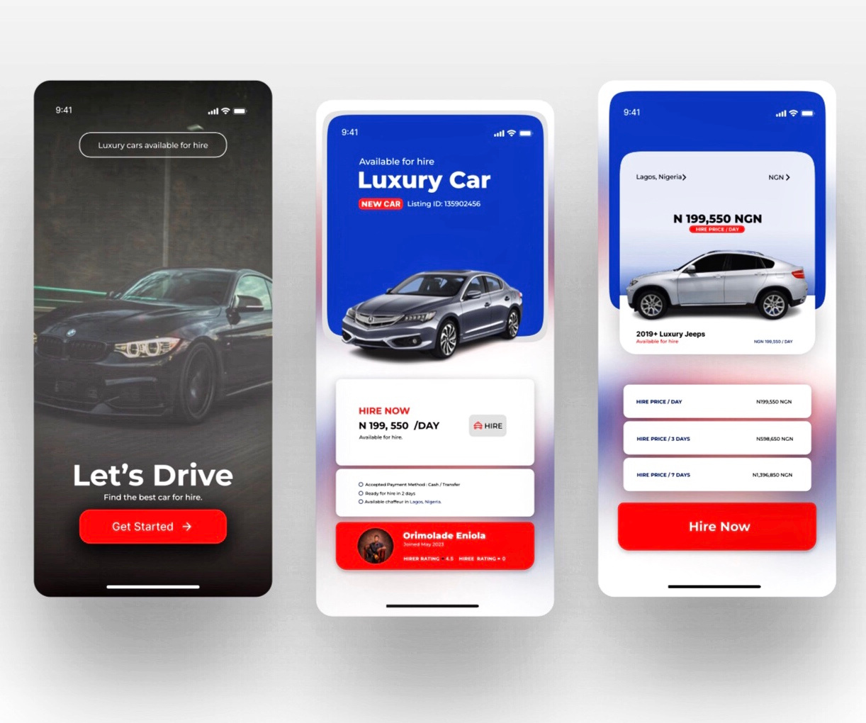 Car hire mobile app Ui design by ORIMOLADE ENIOLA on Dribbble