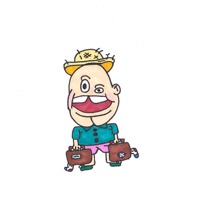 Hit the road Jack butt chin cartoon character cheeks drawing gap teeth hand drawn illustration man markers sandals smile socks suitcase trip vacation vacation hat