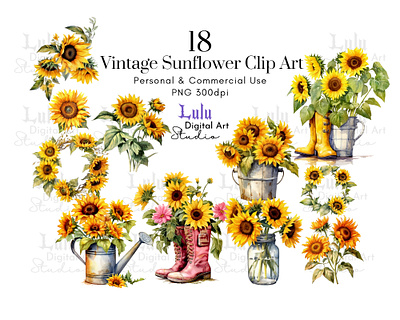 Vintage Sunflower Clip Art abstract backgrounds and fantasy scrapbooking commercial use commercial use illustrations design design elements digital art design resources digital art resources fantasy scrapbooking graphic design illustration logo summer fall flower bouquet vintage style watercolor style