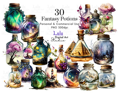 30 Fantasy Potions Clip Art commercial use illustrations fantasy scrapbooking