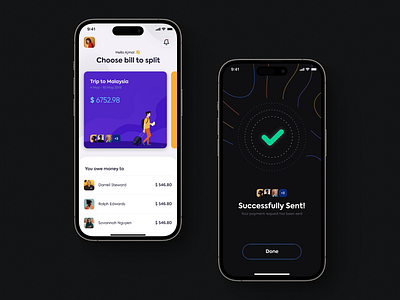 Bill Split; A Redefining! bill completed done expense interaction split success swipe trip ui