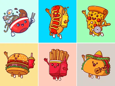 Cute Floating Fast Food🍜🌭🍔🌮 breakfast burger cafe character cute face fast food floating food hotdog icon illustration japanese logo meal pizza ramen restaurant snack taco