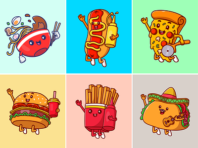 Cute Floating Fast Food🍜🌭🍔🌮 breakfast burger cafe character cute face fast food floating food hotdog icon illustration japanese logo meal pizza ramen restaurant snack taco