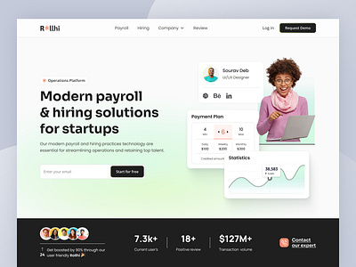 Rollhi: Modern payroll & hiring landing page contractor hiring hr management job finding landingpage management management tool payroll recruitment saas sourav deb ui design ui designer uiux designer ux design web web design web designer webdesign website builder