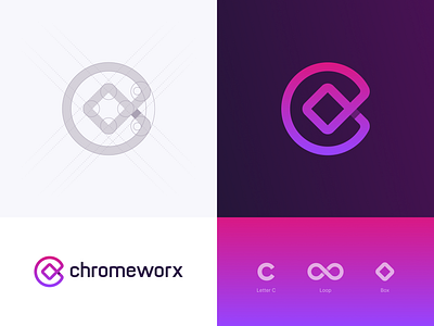 Chromeworx Logo Design branding chrome google gradient grid identity logo design logo design process pink purple shadows tech technology