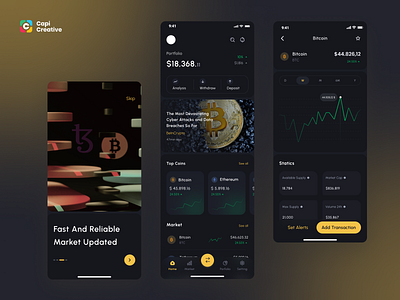 CaKrypto - Mobile App UI Concept app app design bank banking bitcoin capi coin creative darkmode design finance fintech home market mobile mobile app onboarding transaction ui uidesign