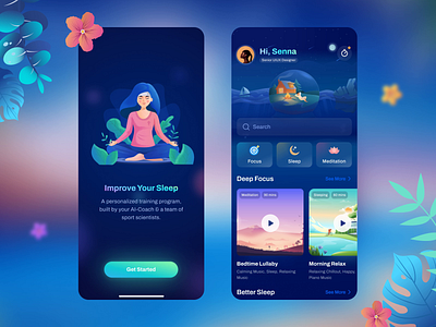 Sleep Mobile App animation breath dark theme gradient color gst health homepage illus illustration interaction login motion graphics product design ui uxui