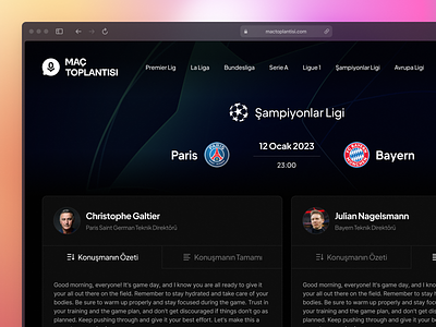 Maç Toplantısı ❋ Landing Page blog blog cards coach dark landing dark mode dark section dark theme dark web site design football landing page league match soccer teams ui web web site