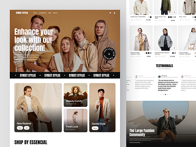 STREET STYLEE - Online Shop Website Design branding category clothes design ecommerce gradient homepage illustration minimalizm online shop photoshoot style testimonials text brutalizm ui uiux ux web design