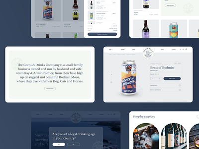 Cornish Drinks Company 2023 alcohol beercompany bright cards ecommerce green grey type ui webdesign website whiskey whiskeycompany