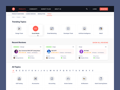 Product Hunt Redesign community dashboard dashboard design design figma marketplace product reviews tools topics trending topics typography ui ui design website website design