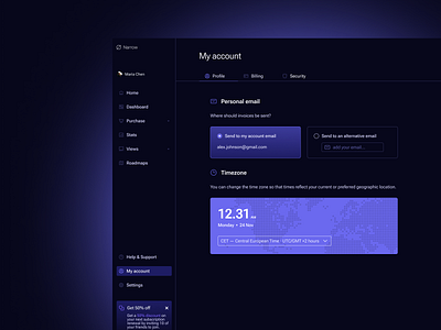 Dark Dashboard Account Settings UI 2023 account billing card dark dark mode dashboard design email layout minimal modern organization profile security settings software table ui ux